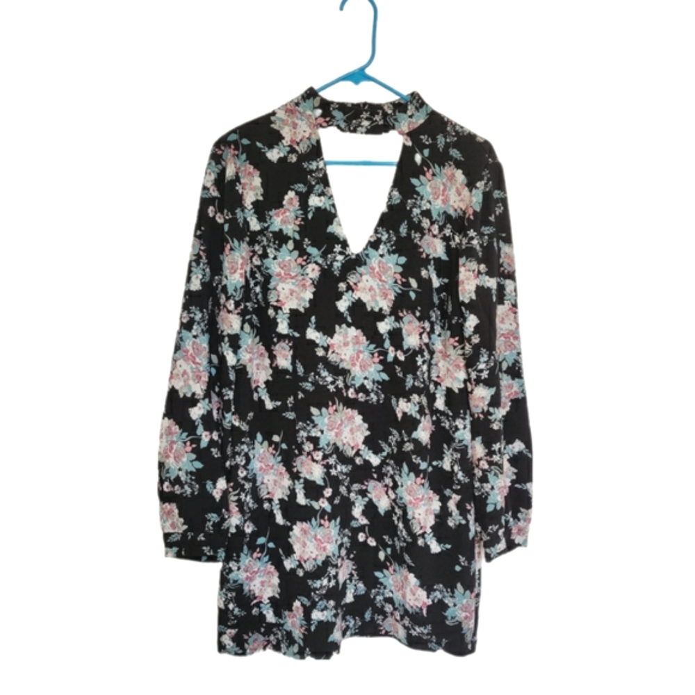 WAYF Black Floral Print Long Sleeve Mini Dress with Collar Cutout
